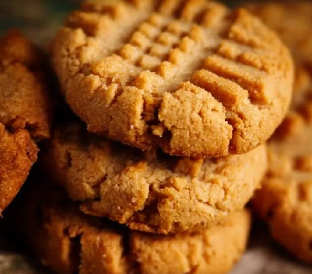 Chewy peanut butter cookies stacked on a plate, showcasing their delicious texture.