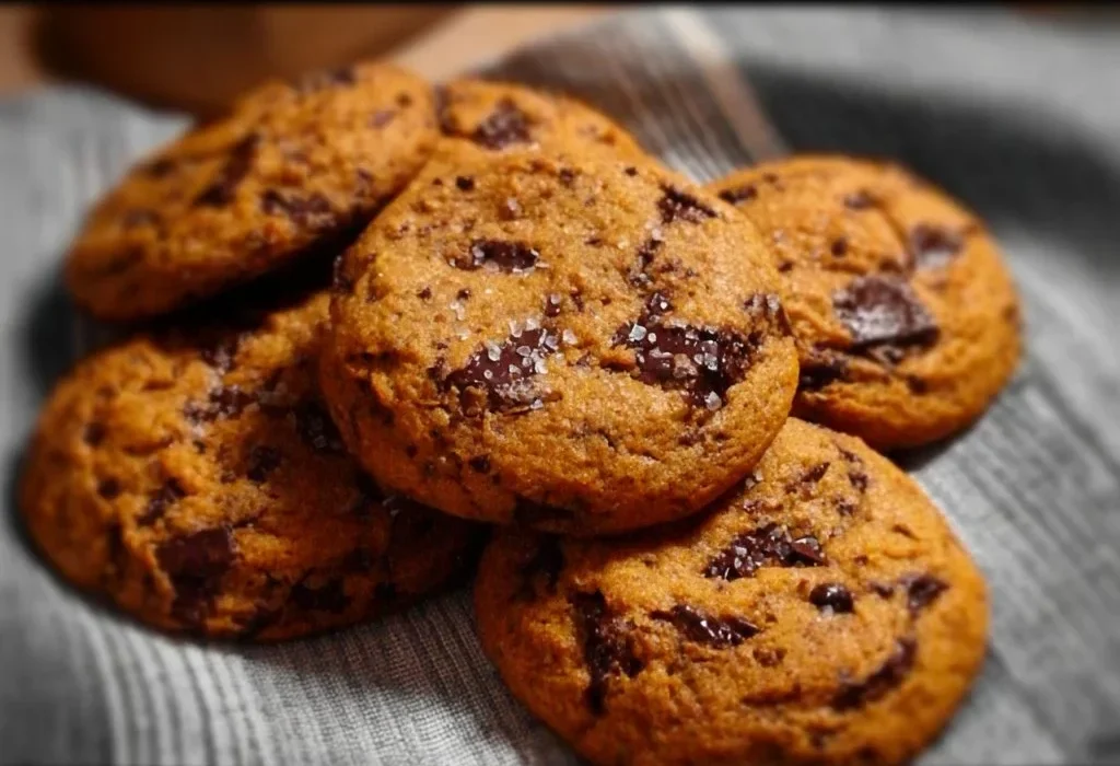 Chewy pumpkin chocolate chip cookies served on a plate