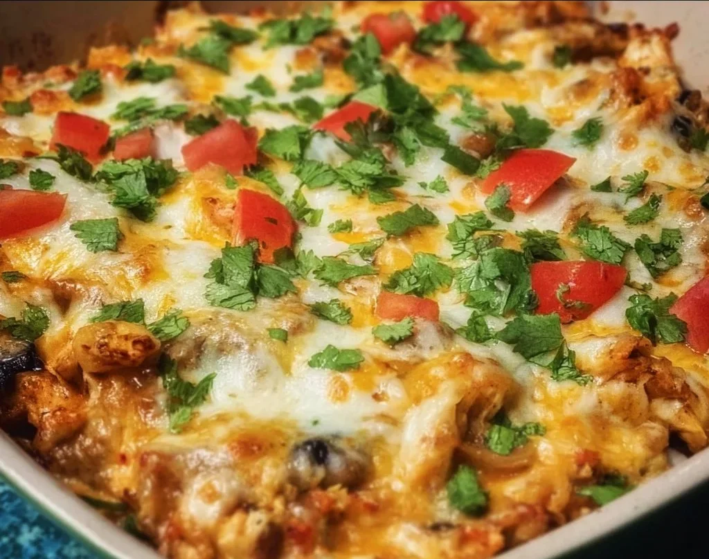 Delicious Chicken Burrito Casserole topped with cheese and fresh ingredients