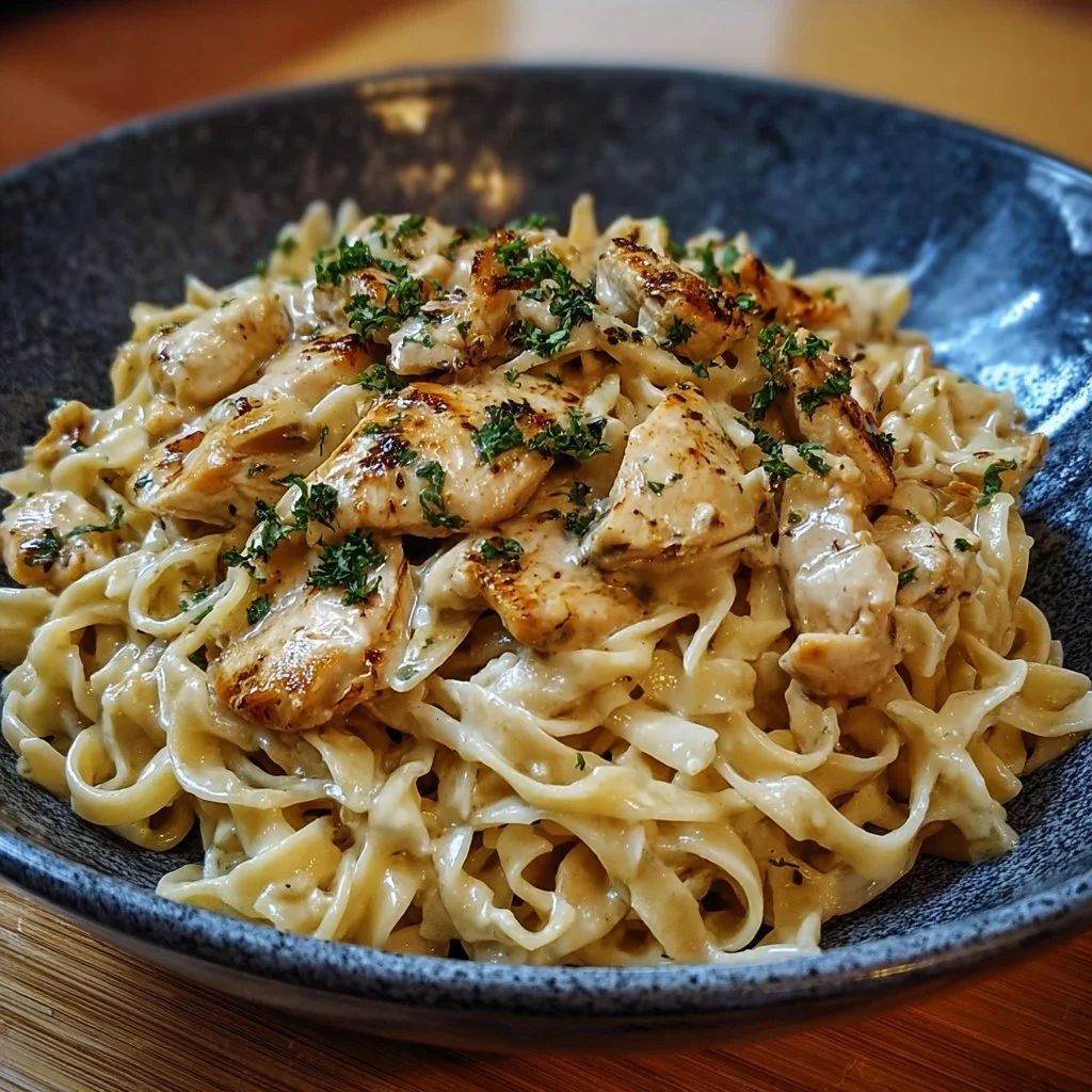 A delicious plate of chicken buttered noodles topped with herbs.