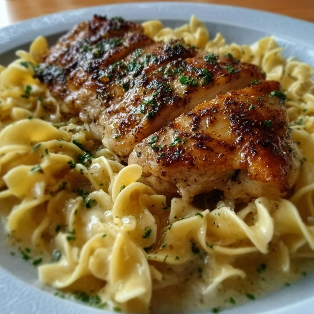 Delicious plate of chicken with buttered noodles, garnished and ready to eat.