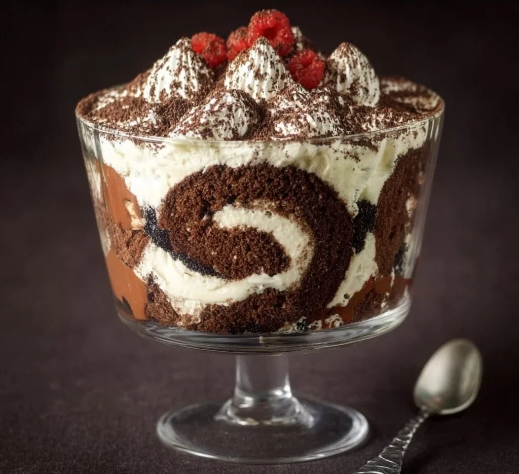 Chocolate Cake Roll Trifle dessert layered in a clear glass dish