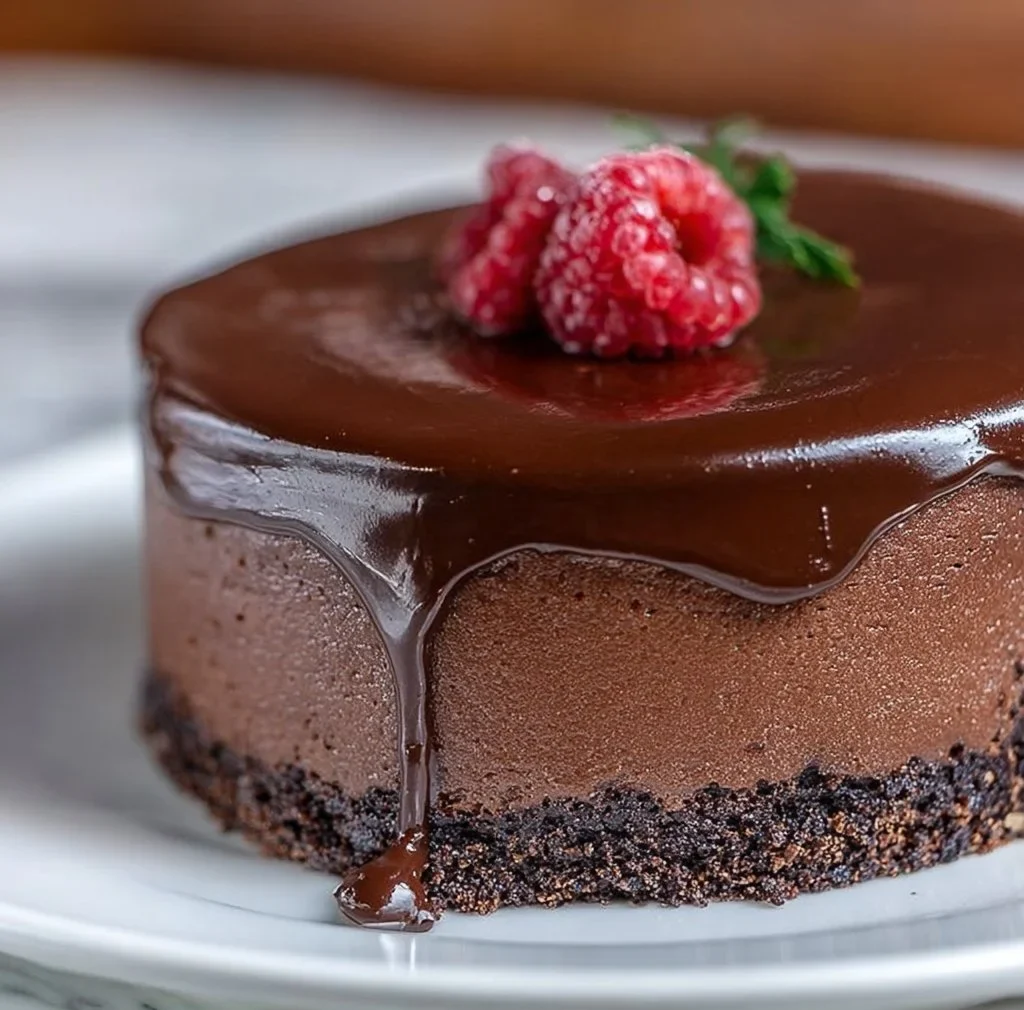 Delicious chocolate mousse cake topped with chocolate shavings and fresh berries.