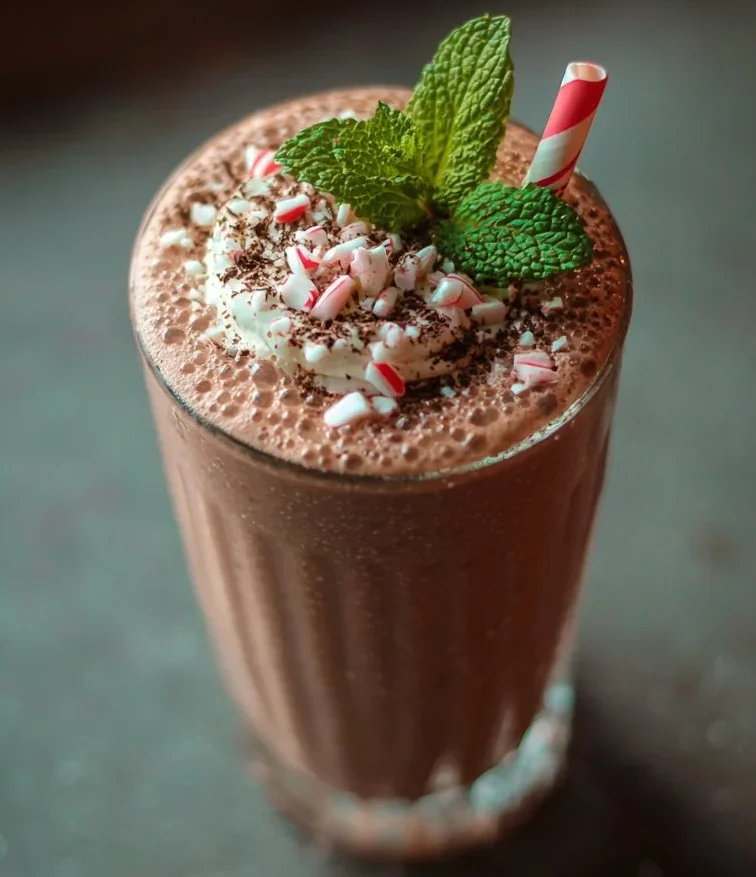 Deliciously blended Chocolate Peppermint Smoothie topped with mint leaves.