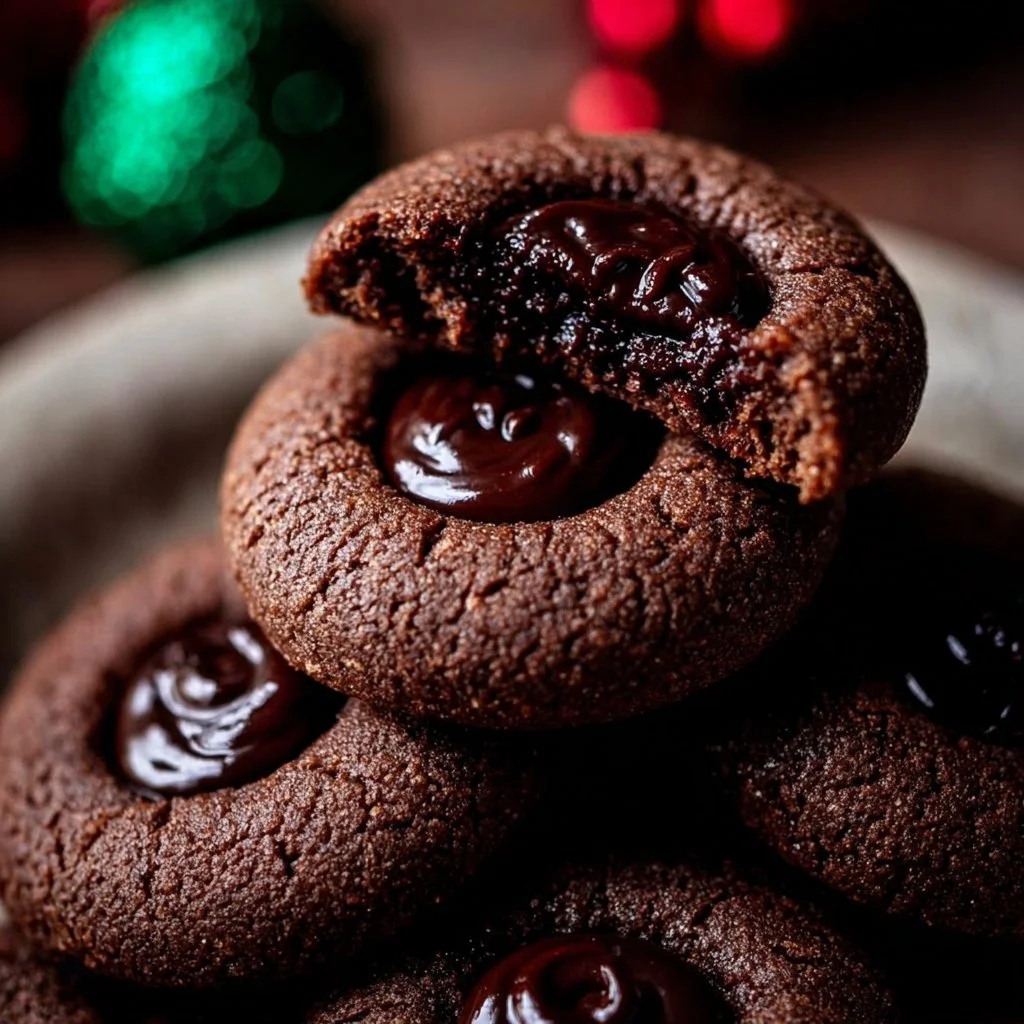 Delicious Chocolate Thumbprint Cookies topped with a sweet filling