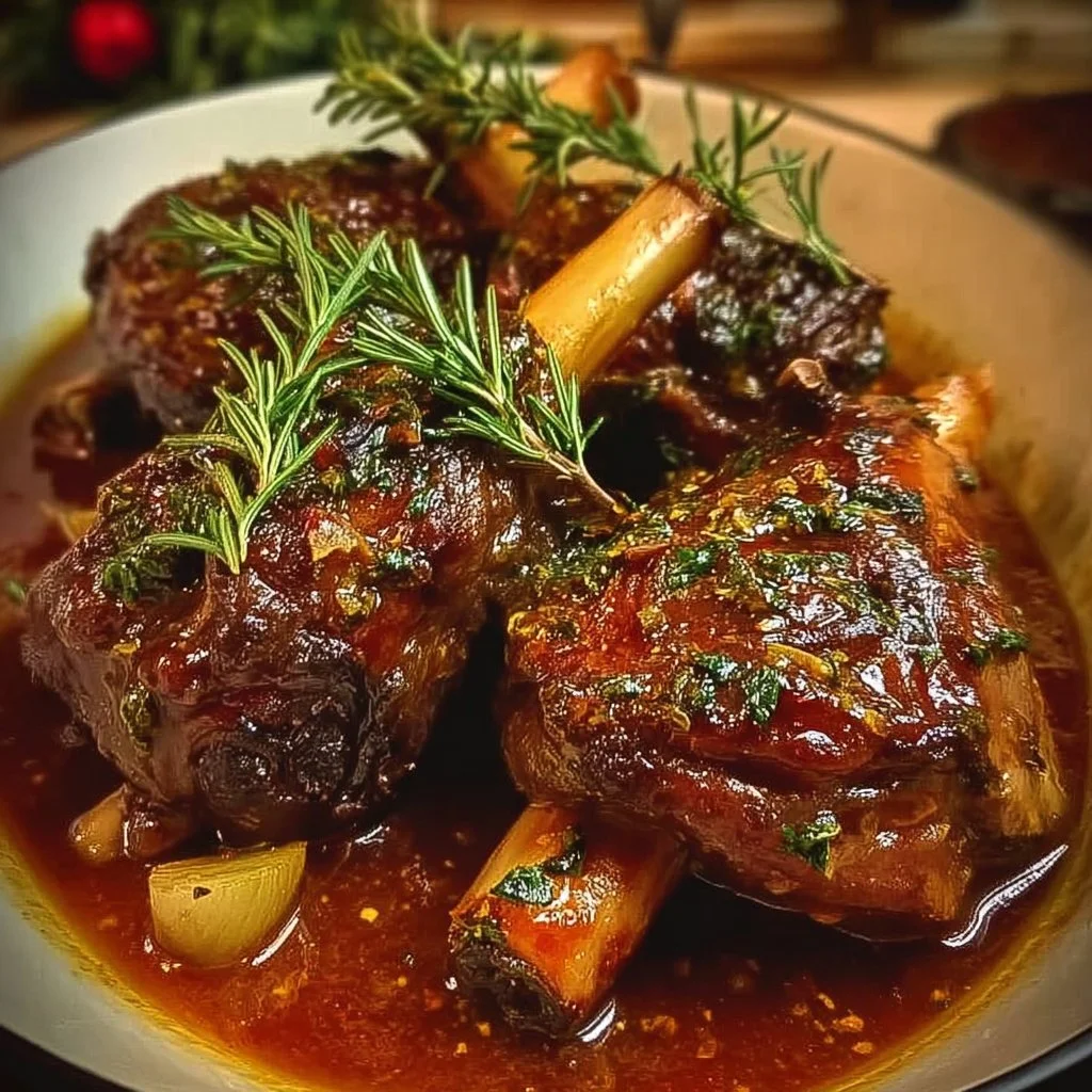 Christmas Braised Lamb Shanks infused with herbs, beautifully plated for festive dining.