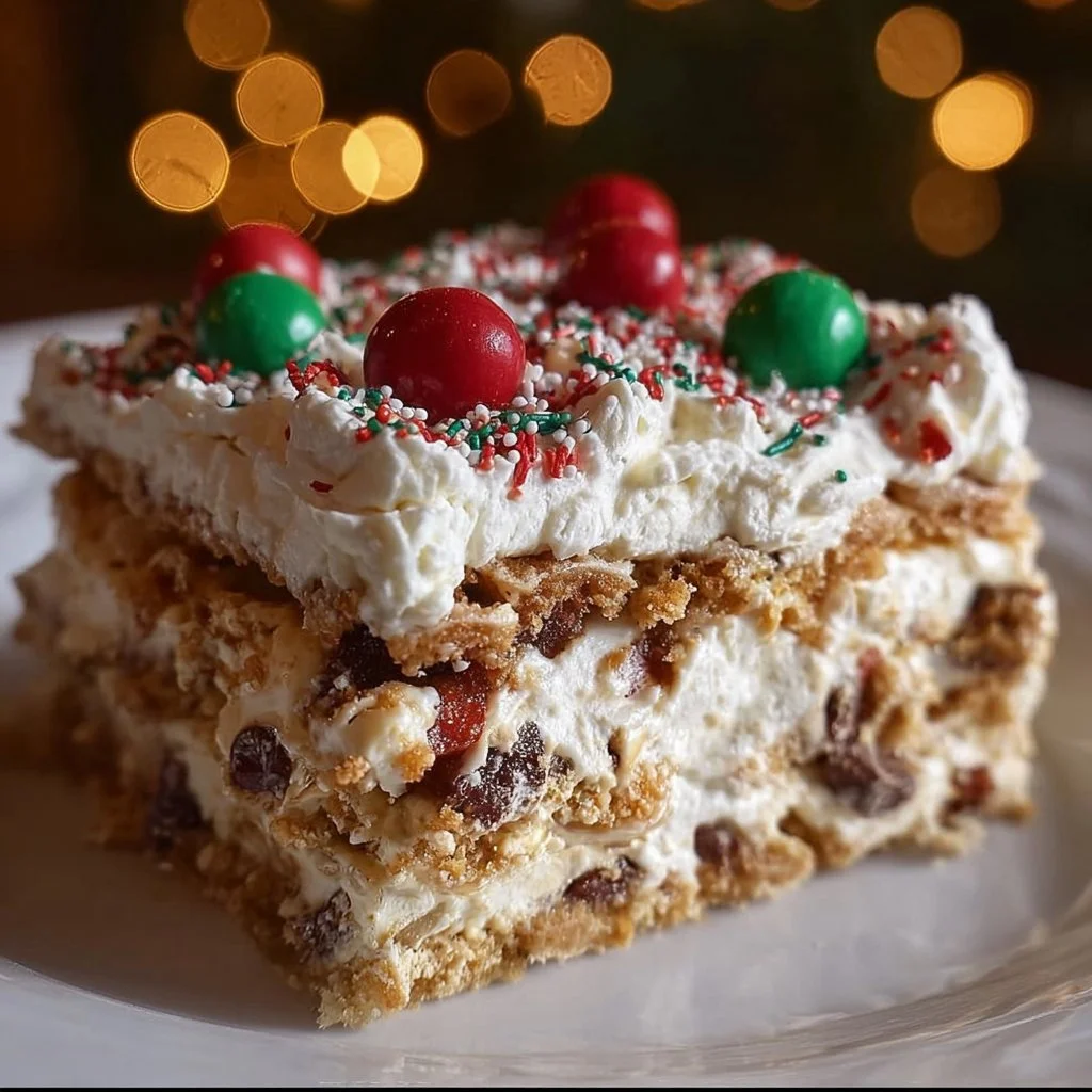 Delicious Christmas Cookie Lasagna dessert with layers of cookies and cream
