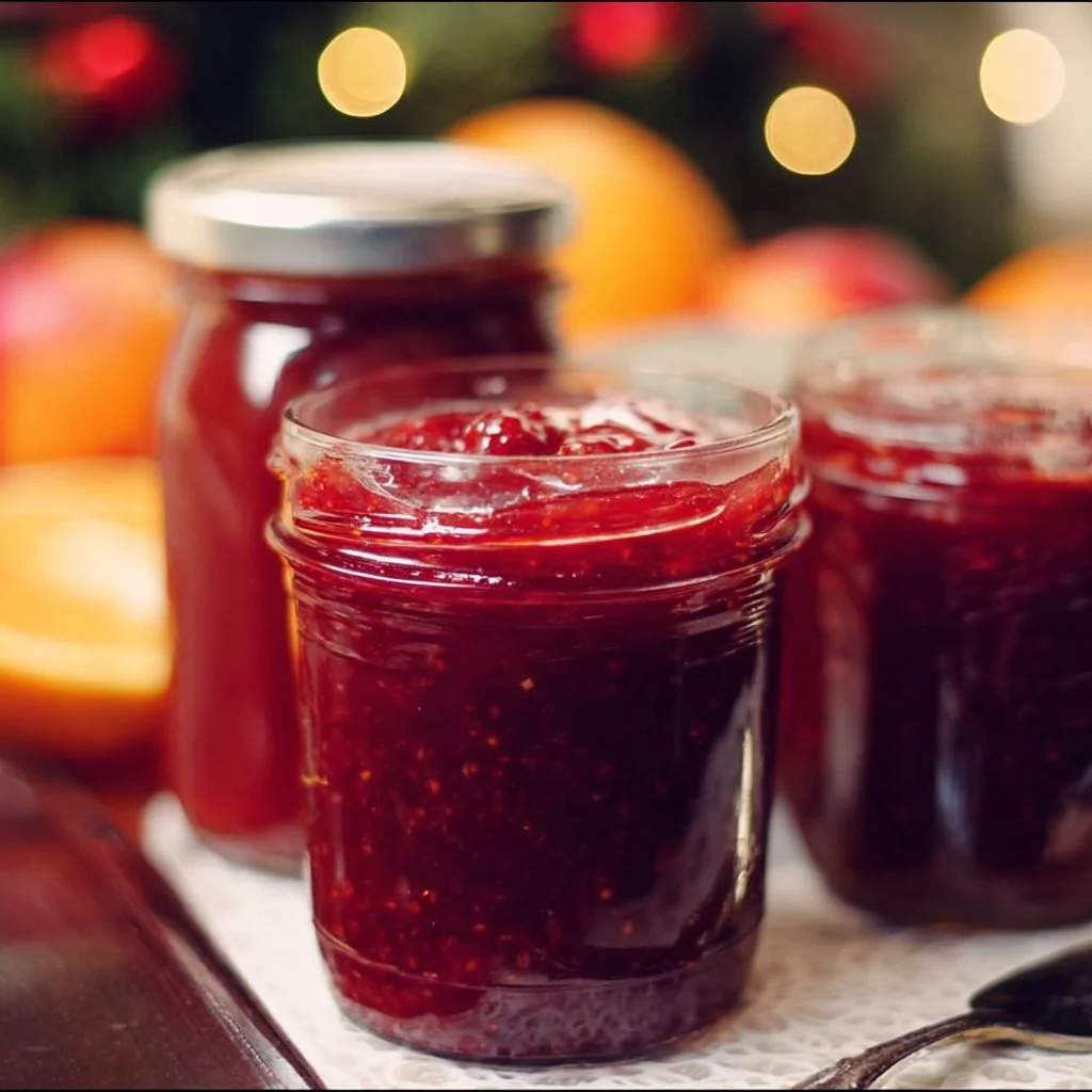 Homemade Christmas jam in jars for holiday canning and gifting