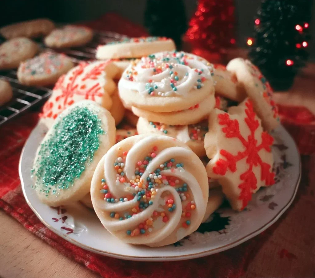 Plate of Christmas sugar cookies inspired by Crumbl recipe.