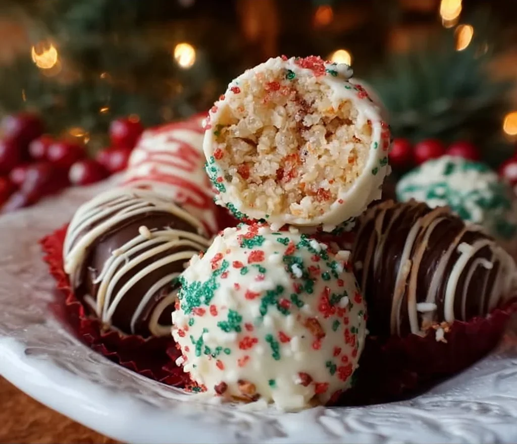 Delicious Christmas Tree Cake truffles decorated for the holidays.