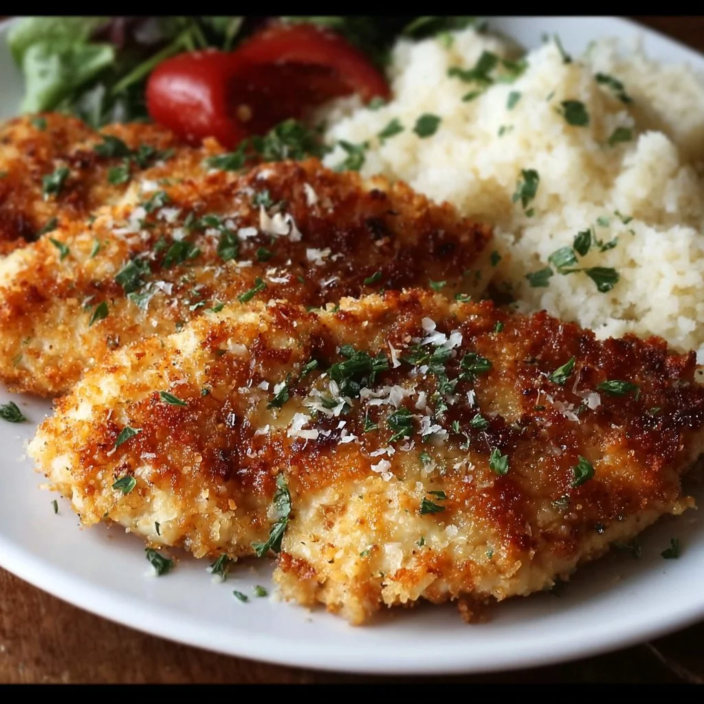 Delicious Parmesan Crusted Chicken plated with herbs and sides