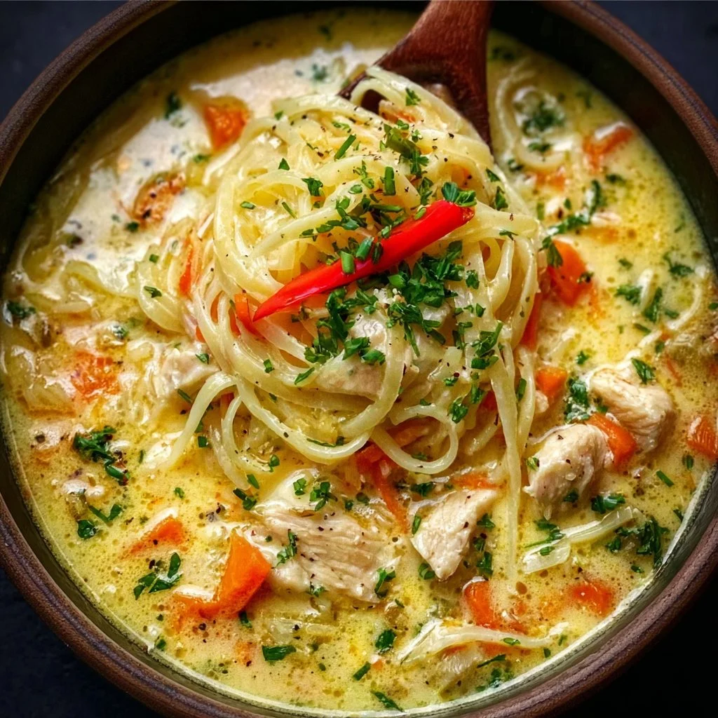 Delicious bowl of Crack Chicken Noodle Soup topped with herbs and spices
