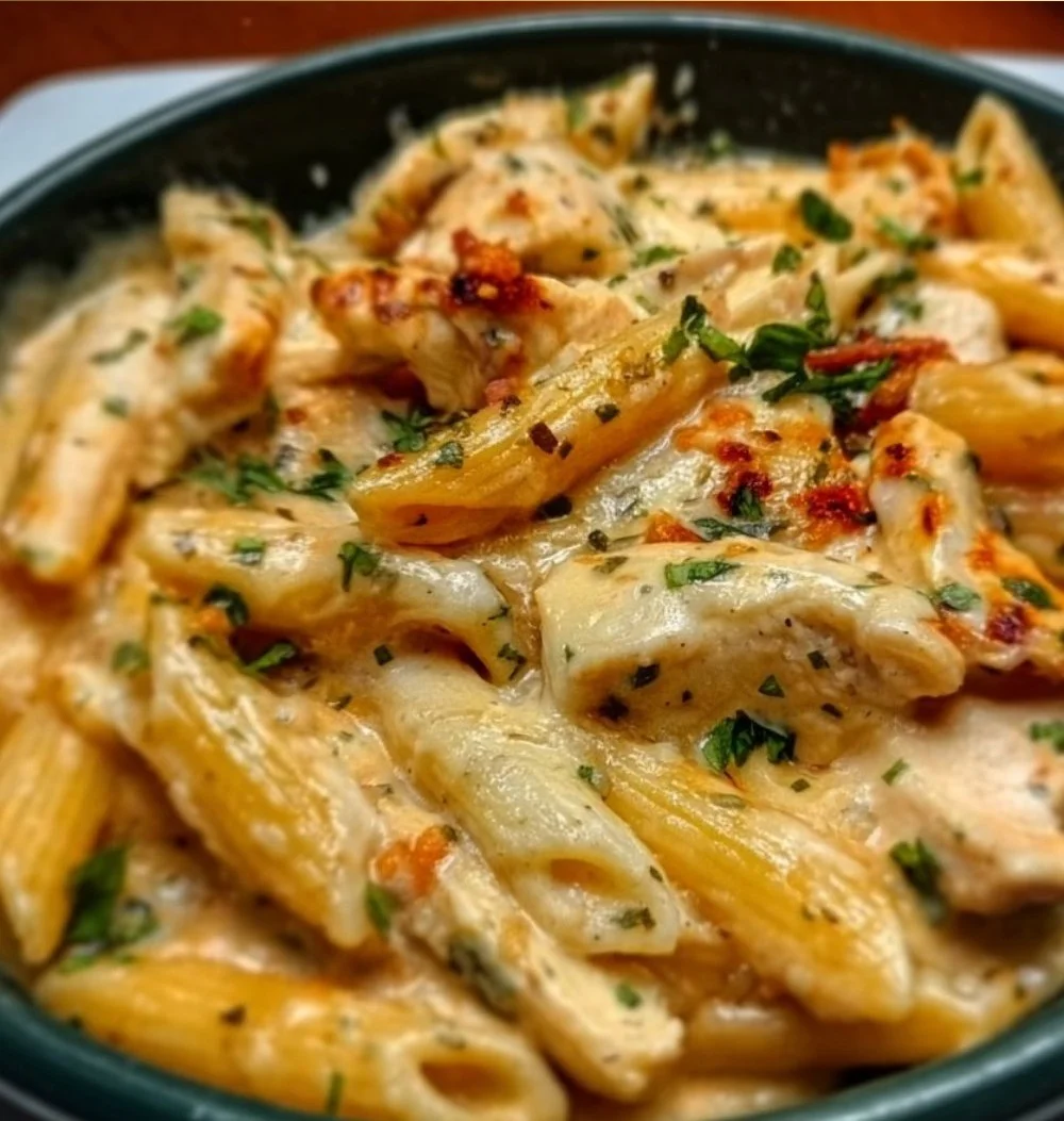 Creamy Crack Chicken Penne dish topped with herbs and spices