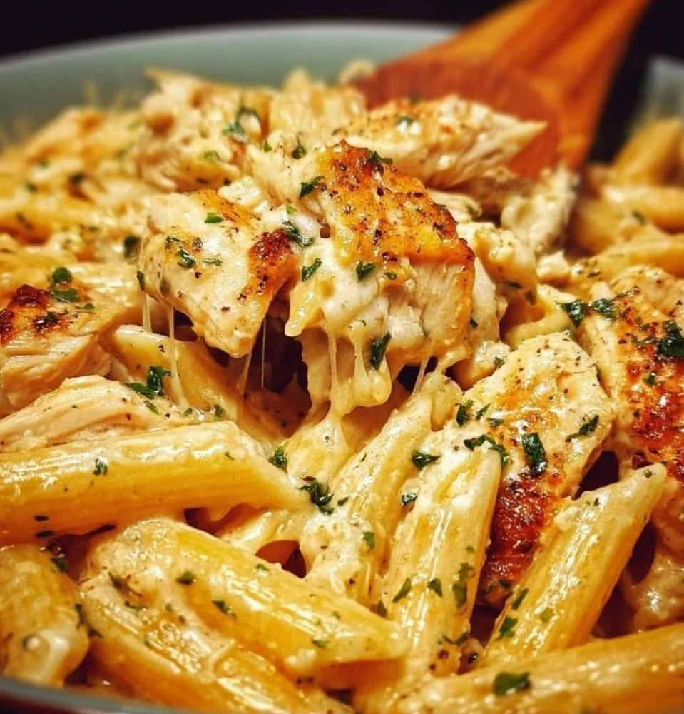 Delicious Crack Chicken Penne served with herbs and cheese