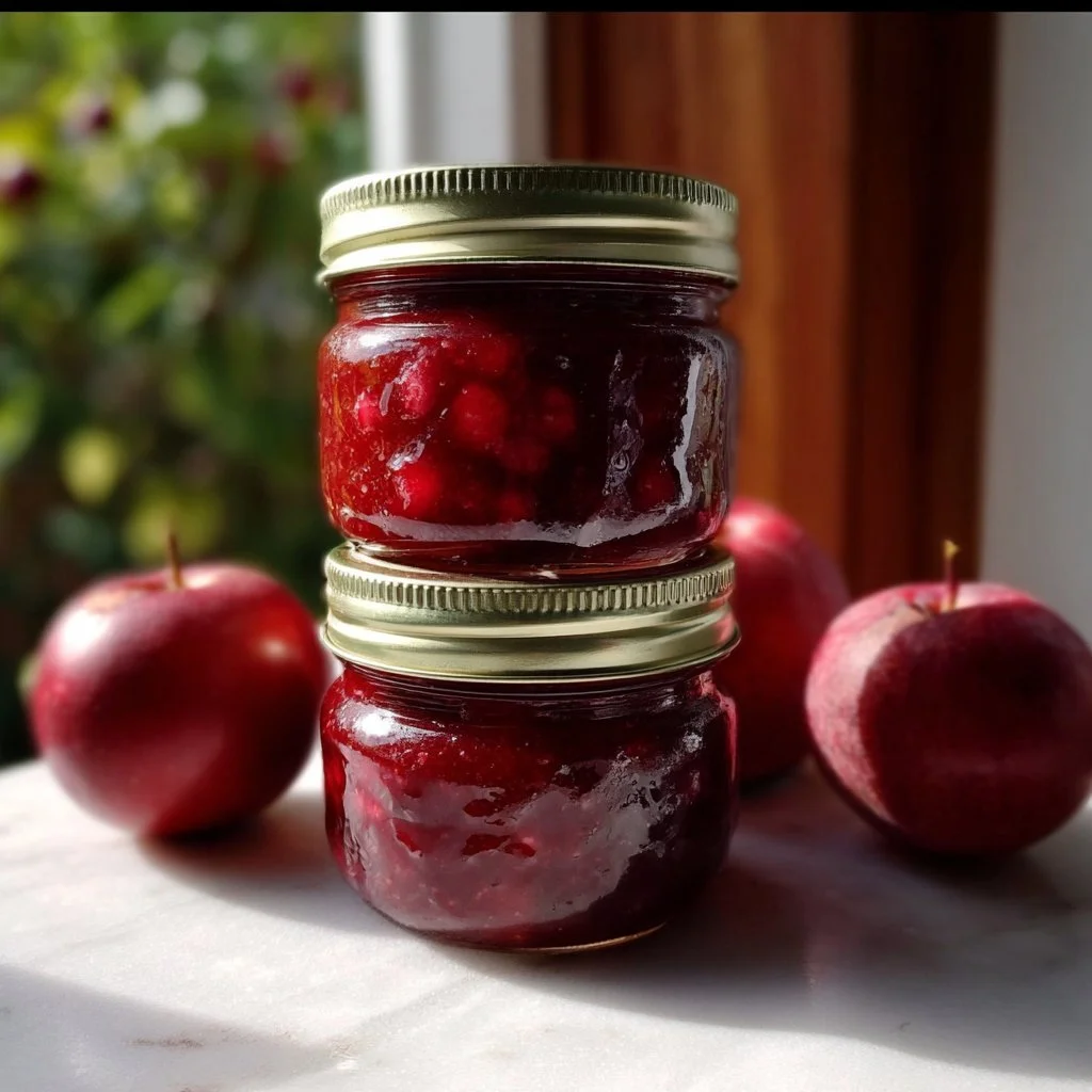 Homemade Cranberry Apple Jam in a jar with fresh apples and cranberries