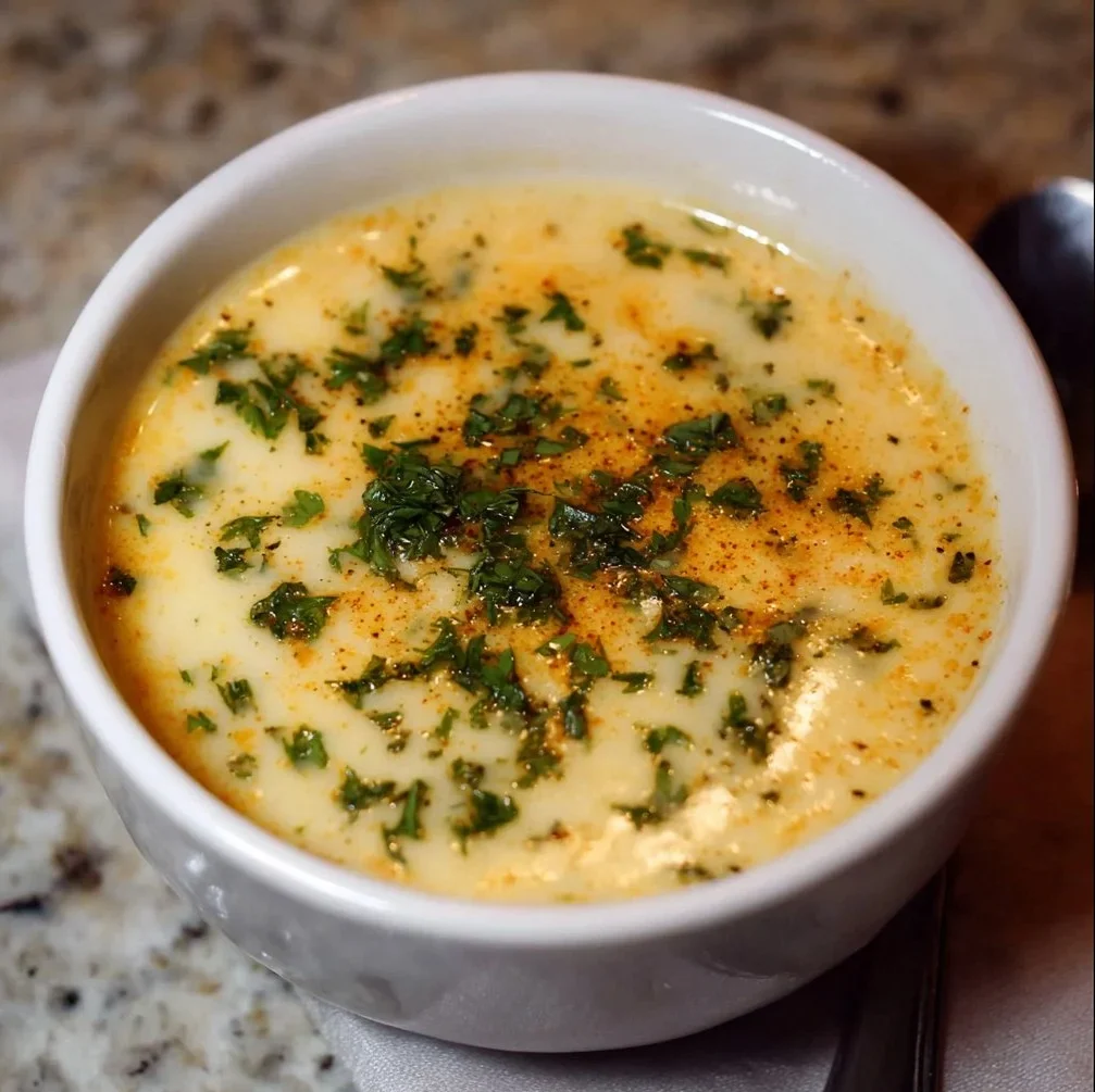 Creamy cheddar garlic herb potato soup served in a rustic bowl