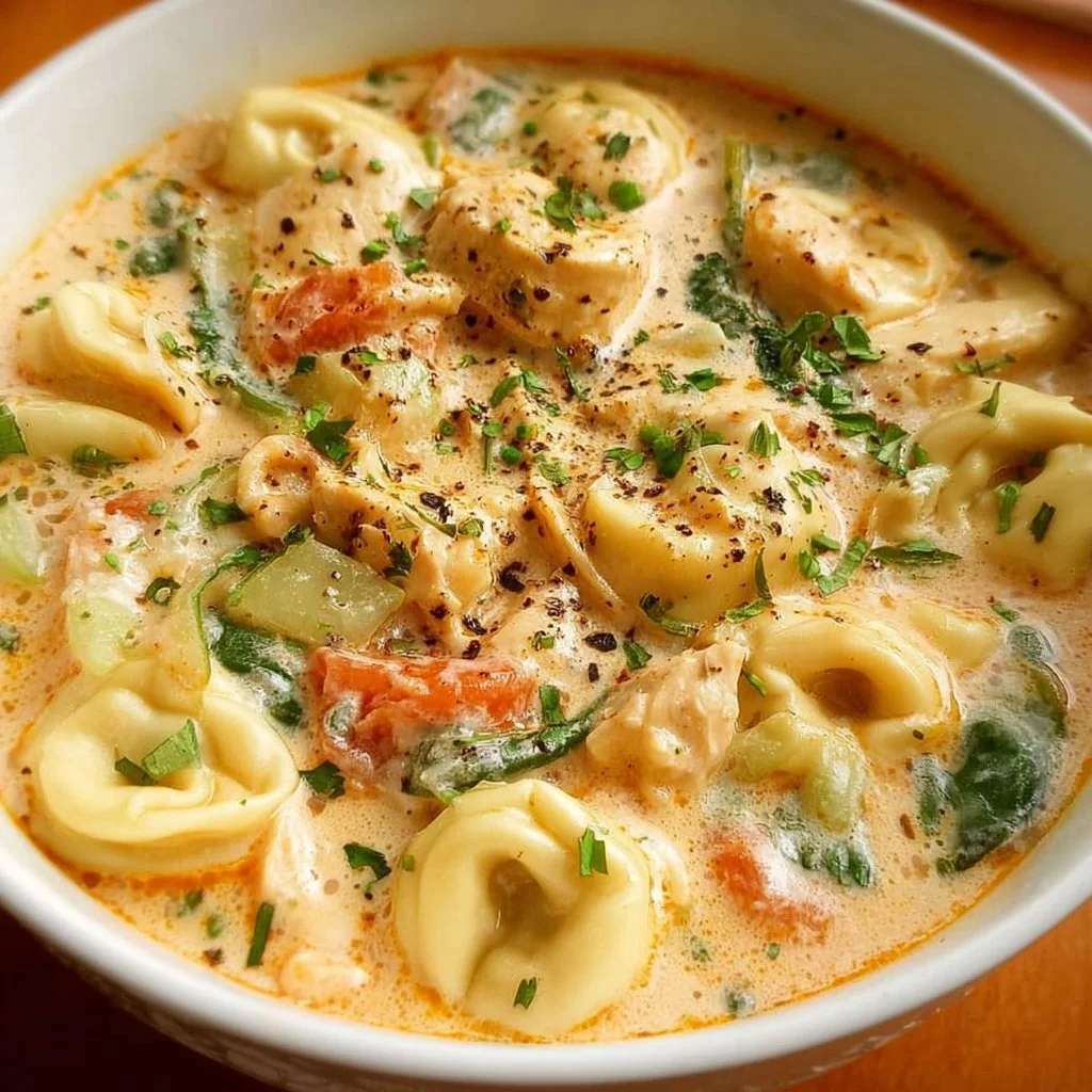 Bowl of creamy chicken tortellini soup with fresh herbs and vegetables