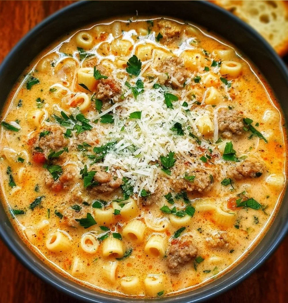 Bowl of creamy Parmesan Italian sausage ditalini soup topped with herbs