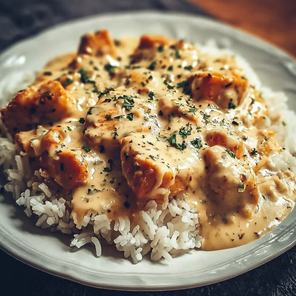 Creamy smothered chicken and rice served in a bowl, topped with gravy.