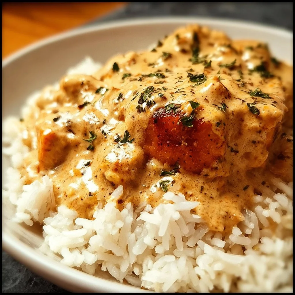 Creamy smothered chicken served with rice, garnished with fresh herbs.