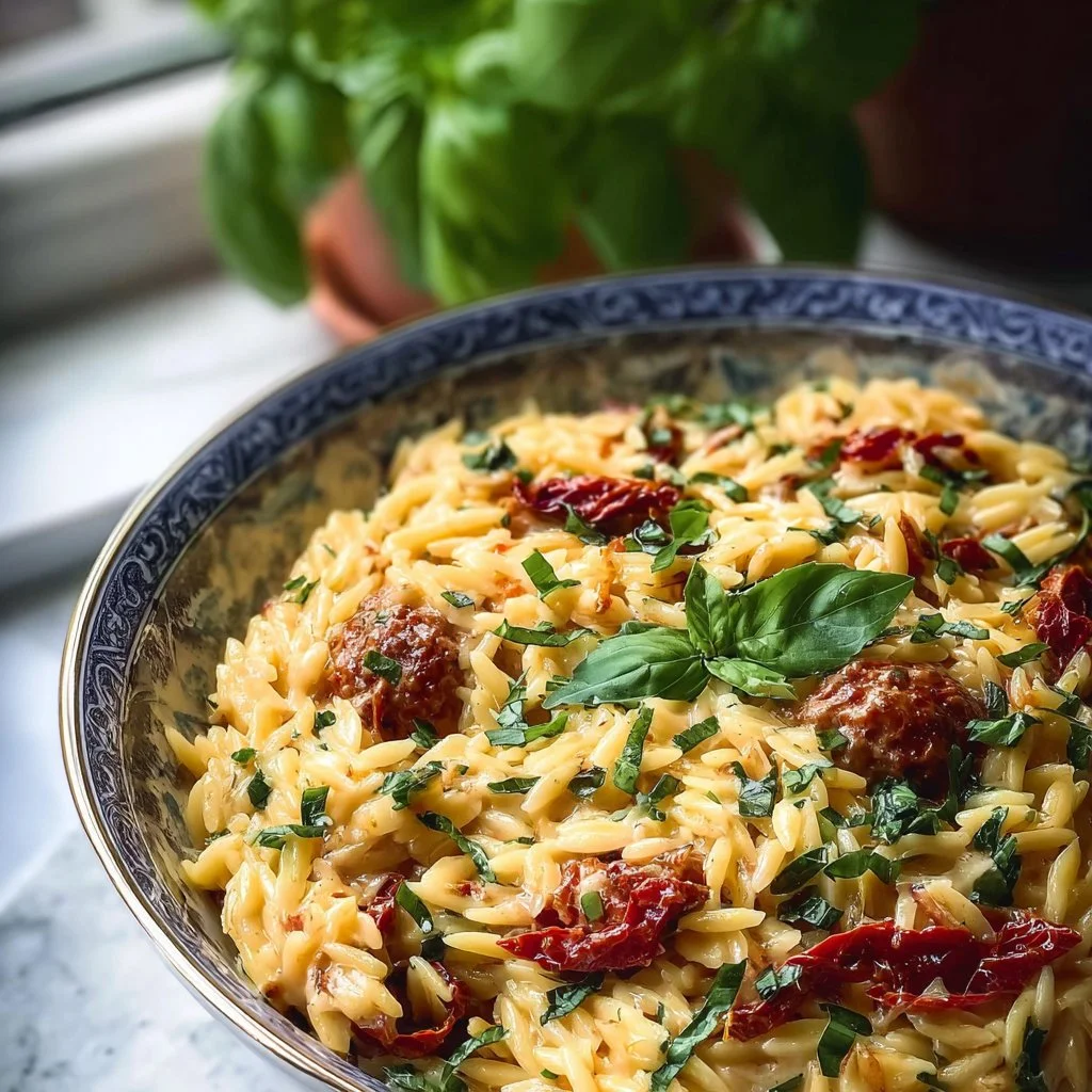 Delicious creamy sun dried tomato orzo pasta dish garnished with herbs