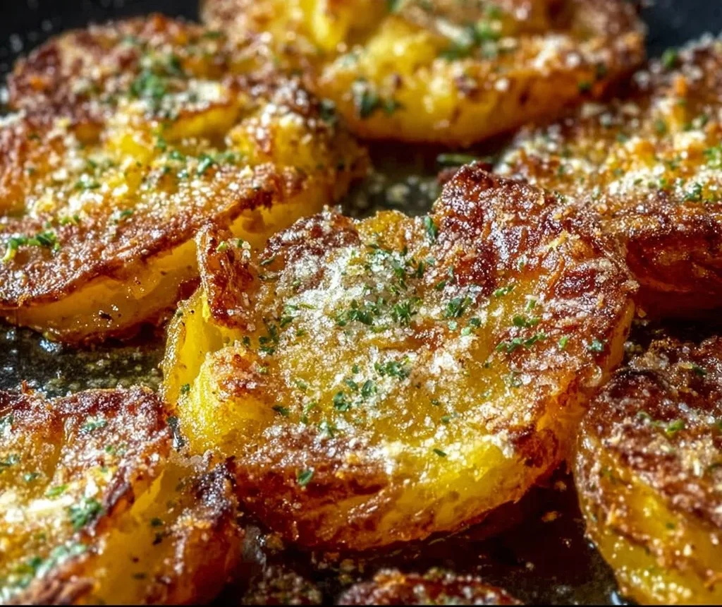 Crispy baked smashed potatoes topped with garlic and parmesan cheese.