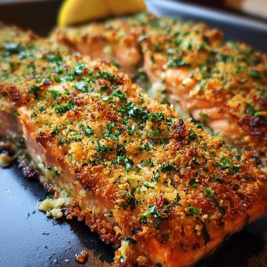 Crispy Parmesan Salmon Bake garnished with herbs on a plate
