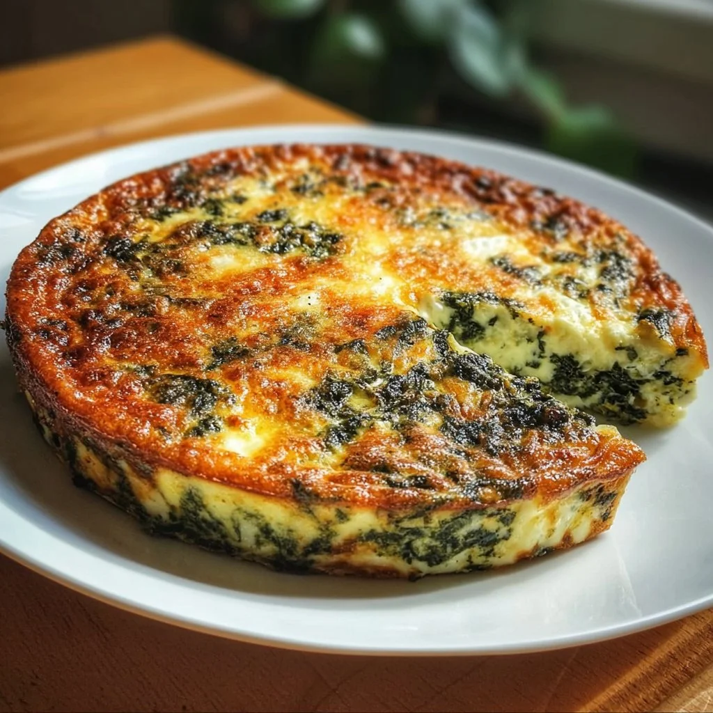 Crustless spinach quiche baked with fresh ingredients and herbs.
