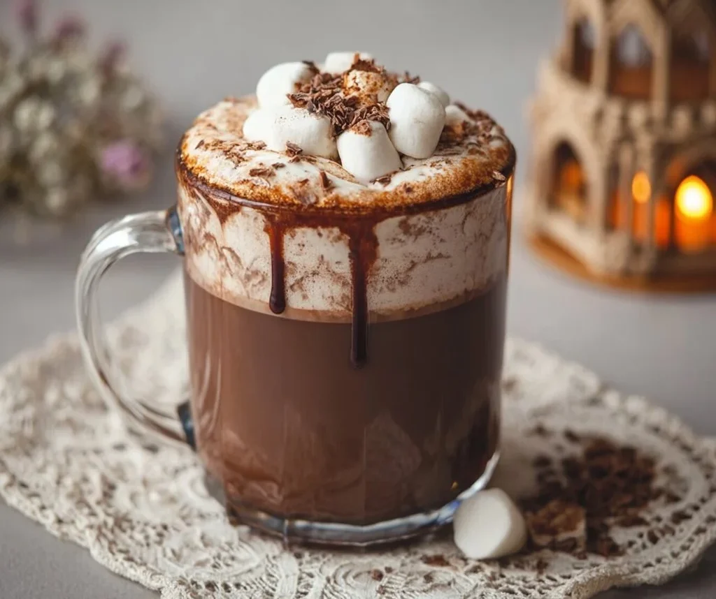 Delicious Disneyland hot chocolate topped with whipped cream and chocolate shavings.