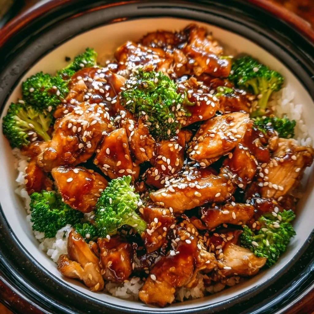 Crockpot Teriyaki Chicken prepared in a slow cooker with vibrant sauce