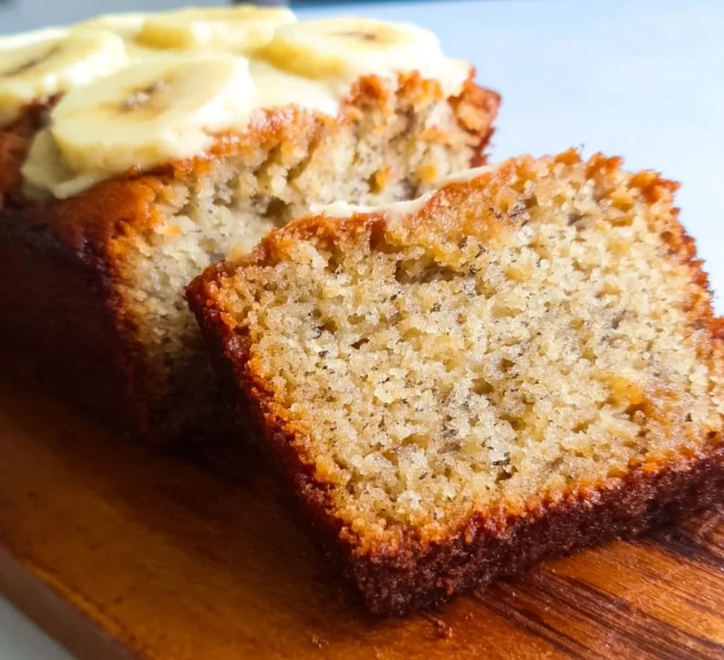 Slice of easy banana cake on a plate topped with slices of banana