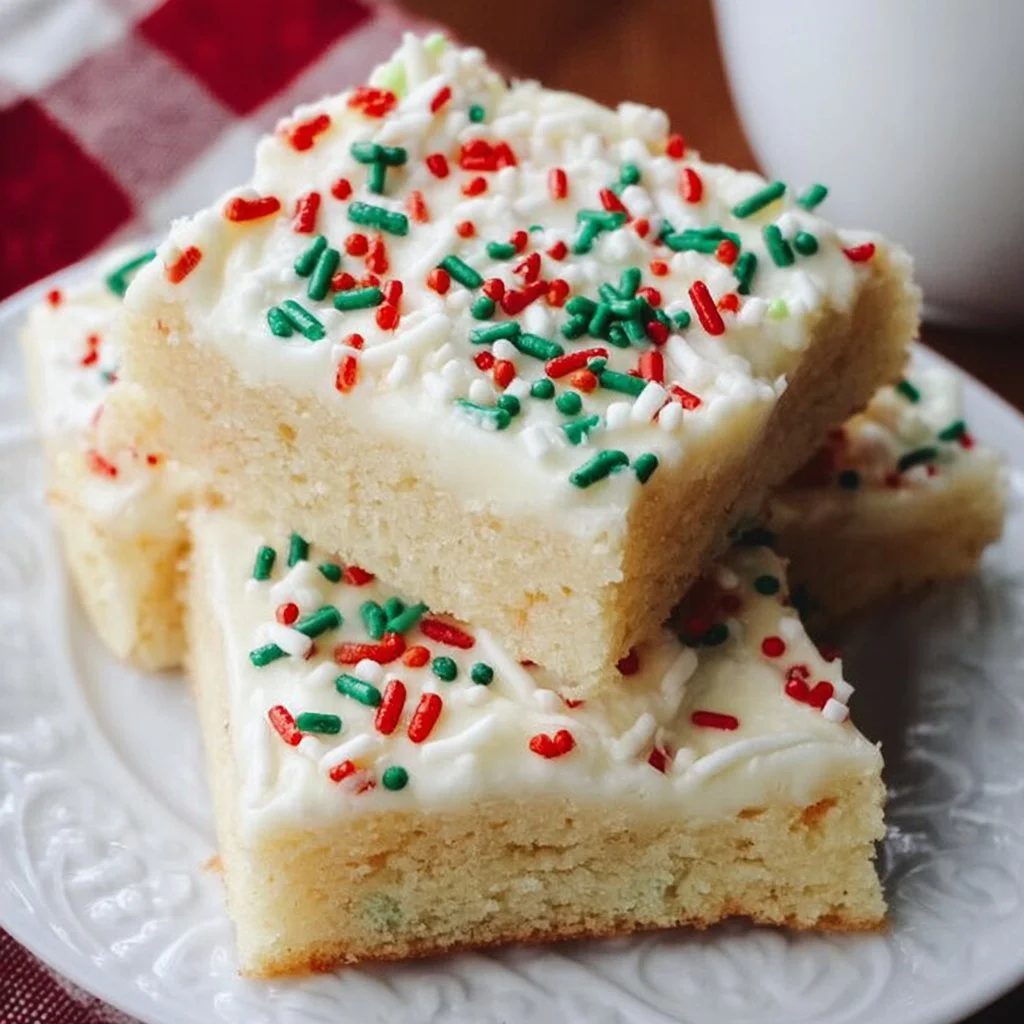 Easy Christmas Sugar Cookie Bars decorated with festive sprinkles