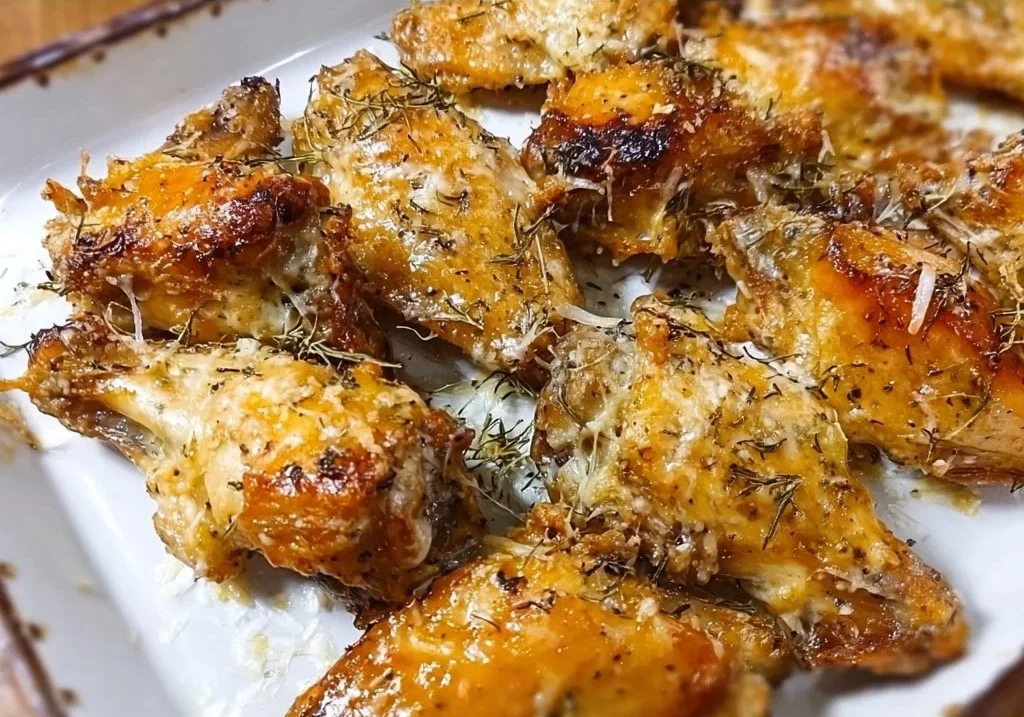 Easy slow cooker garlic parmesan chicken wings served on a platter