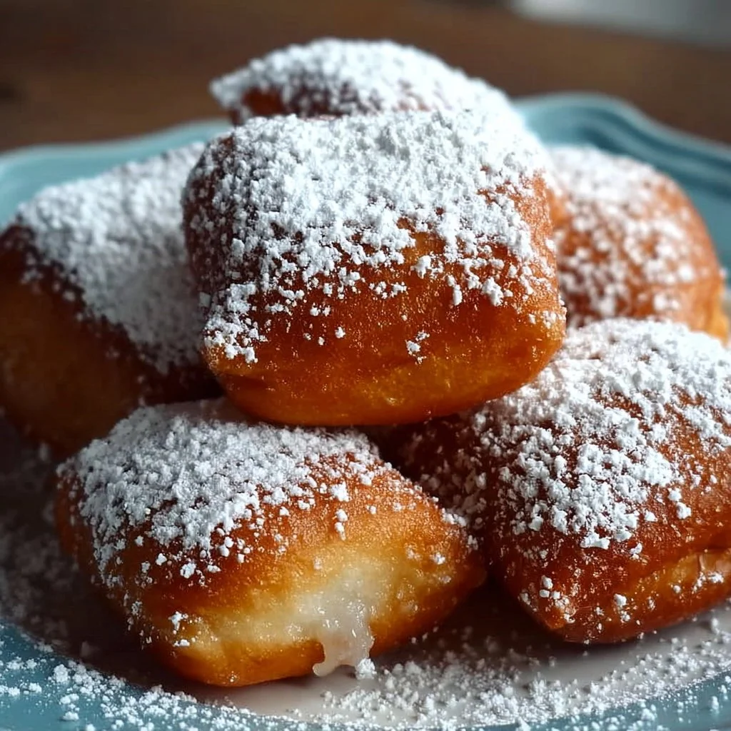 Freshly made easy vanilla beignets dusted with powdered sugar