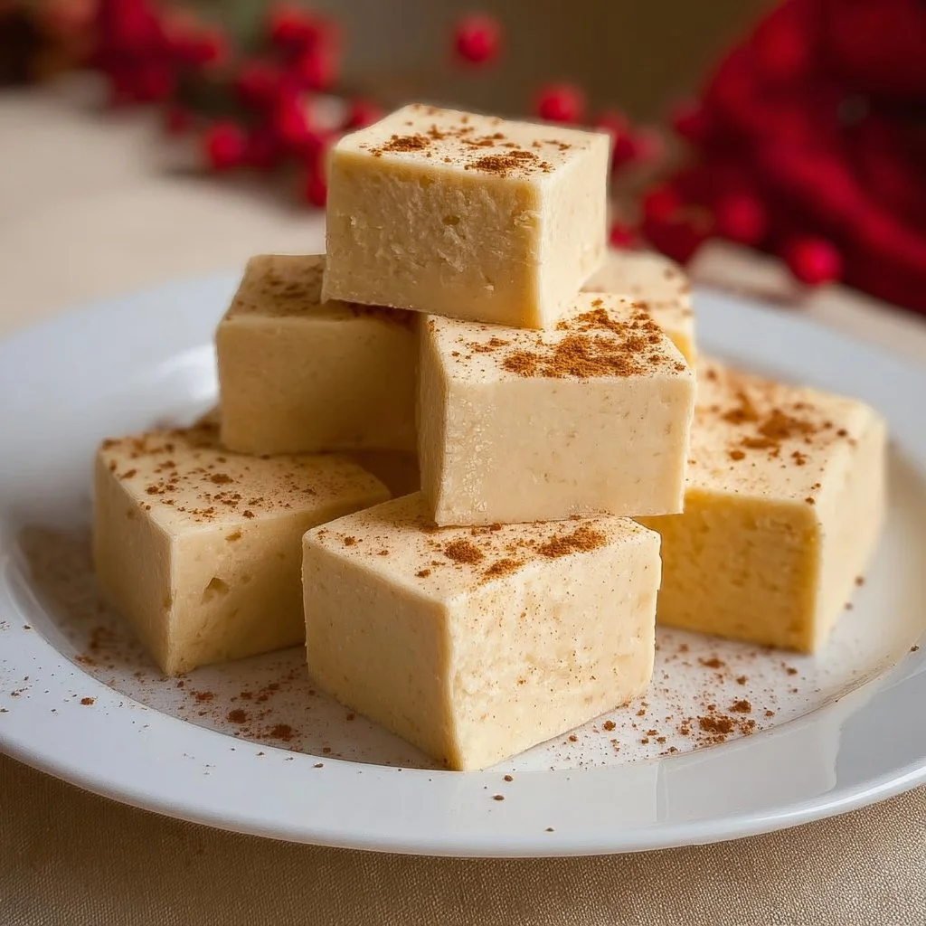 Delicious homemade Eggnog Fudge served on a festive plate.