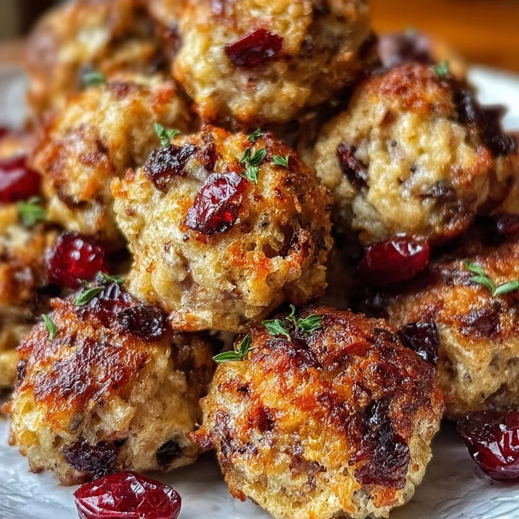 Festive cranberry turkey stuffing balls served on a platter for the holidays