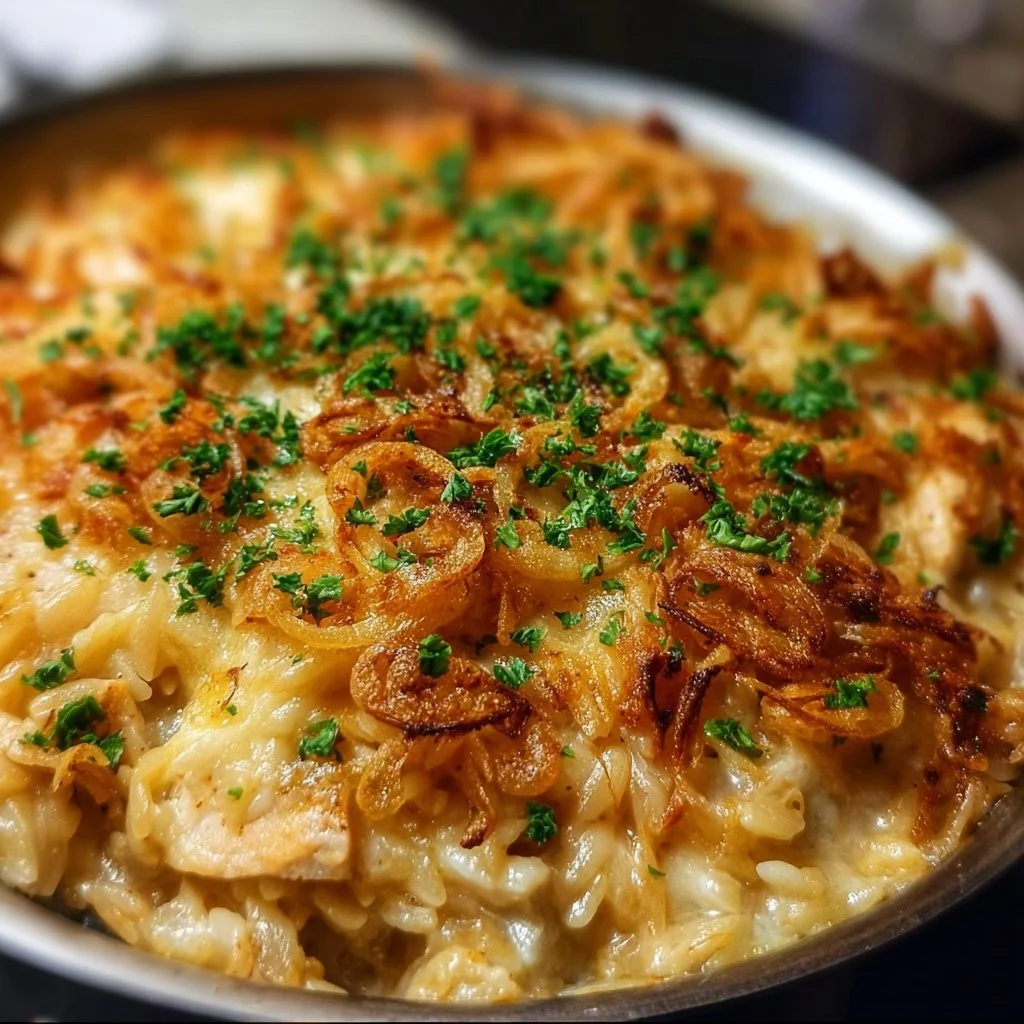 Delicious French Onion Chicken Orzo Casserole fresh out of the oven