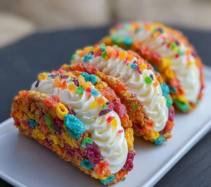 Fruity Pebbles cheesecake tacos topped with colorful cereal and creamy filling