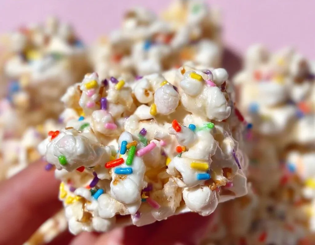 Colorful Funfetti Marshmallow Popcorn Treats displayed in a festive bowl