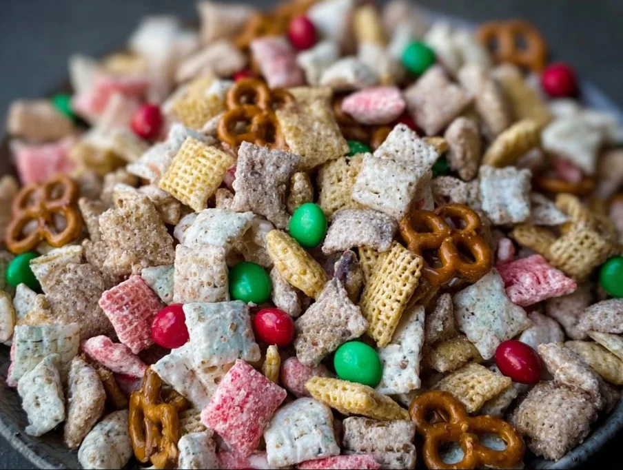 Bowl of delicious Gluten Free Reindeer Chow with festive toppings