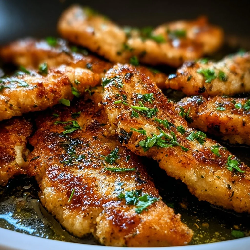 Juicy Greek Chicken Tenders garnished with herbs and served on a plate