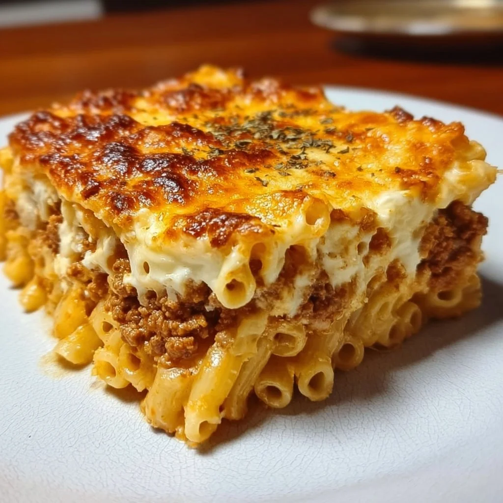 Delicious Greek Pastitsio served on a plate with cheesy béchamel sauce.