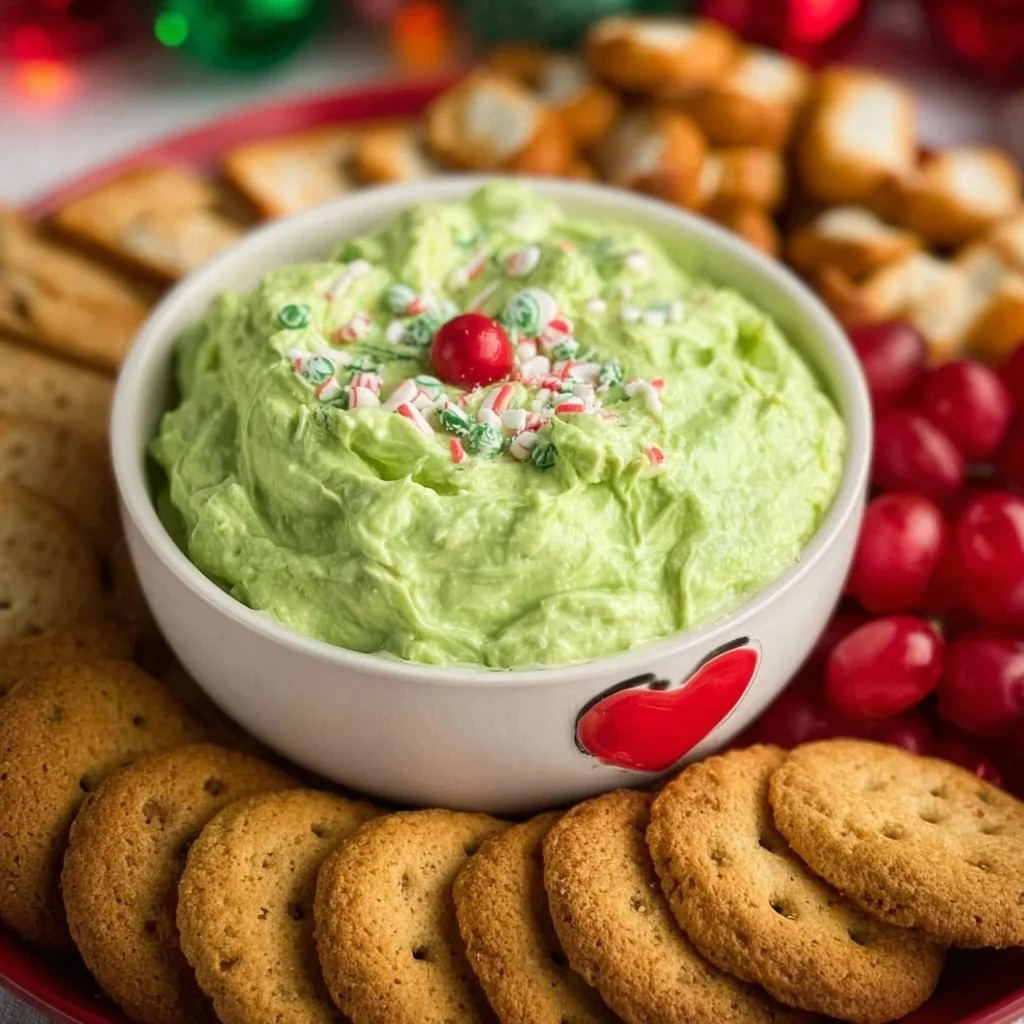 Colorful Grinch Dip served in a festive bowl for holiday parties