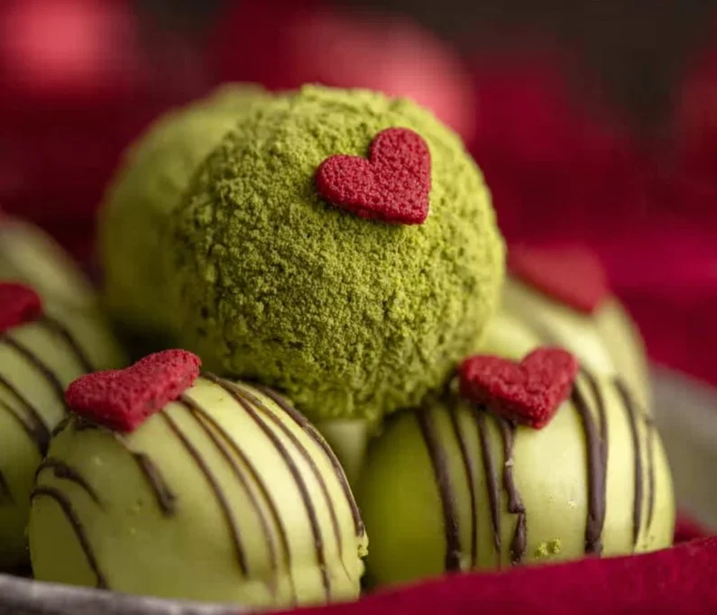 Festive Grinch Oreo Balls made with Red Velvet Oreos for holiday treats