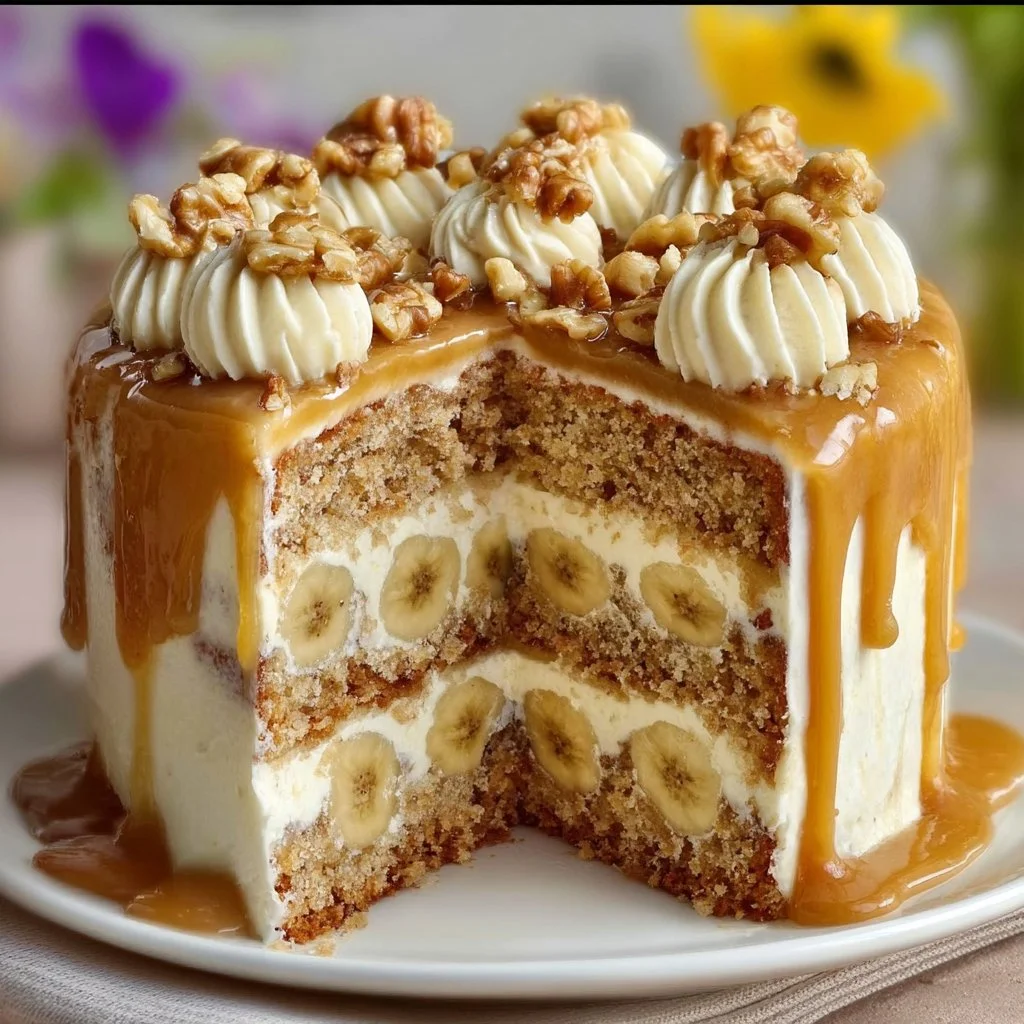 Deliciously moist Banana Walnut Cream Cake with layers of creamy delight.