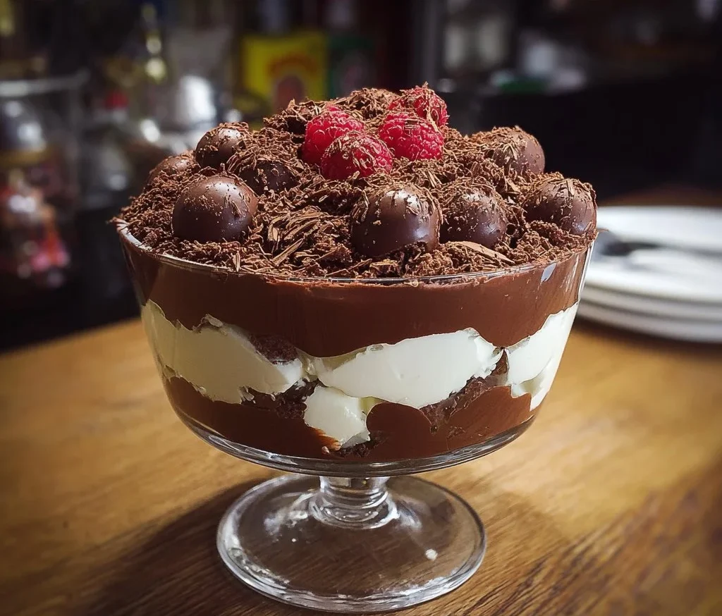 Heavenly chocolate cheesecake trifle layered dessert with rich chocolate and creamy cheesecake