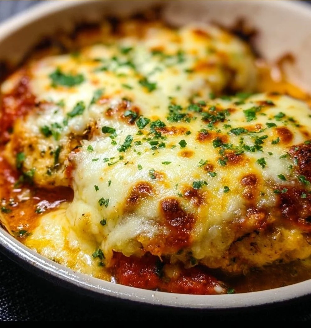 Delicious High-Protein Cheesy Chicken Mozzarella Bake served in a casserole dish