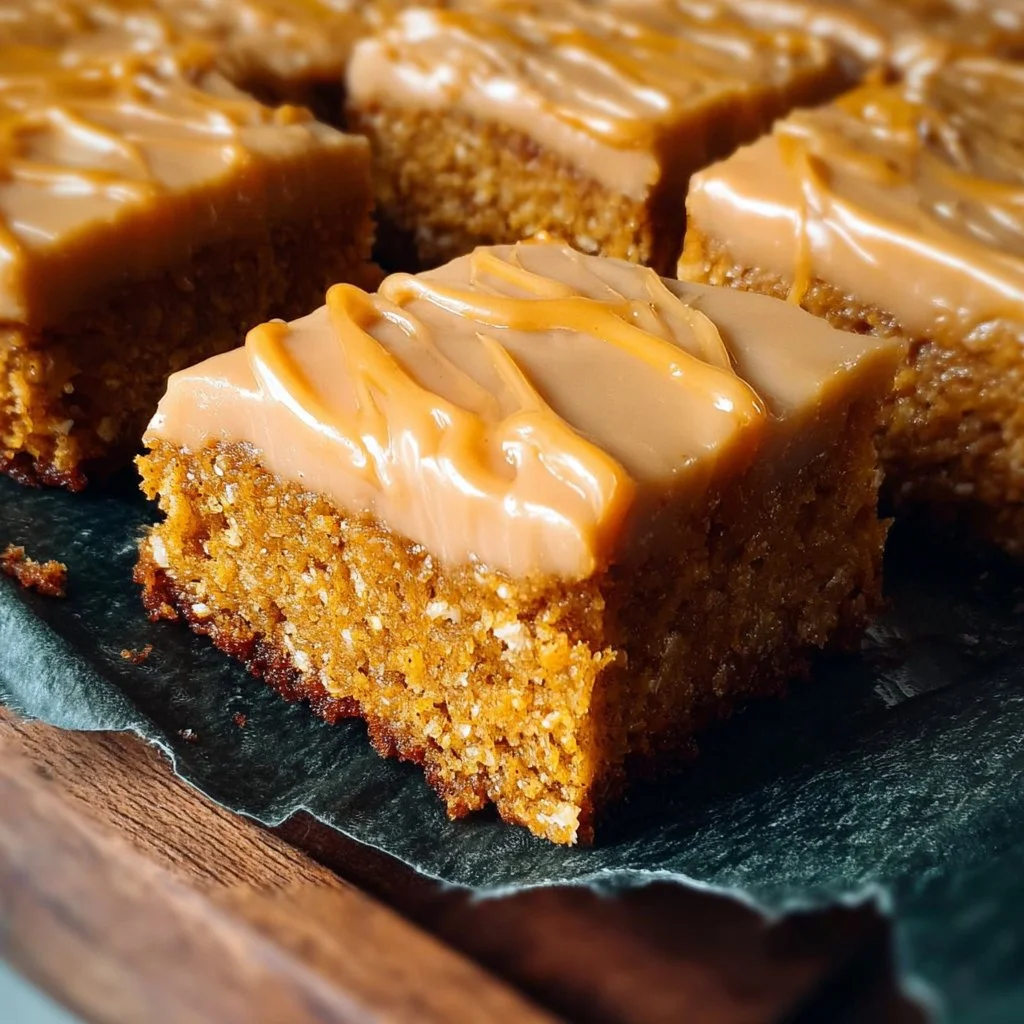 Homemade pumpkin bars drizzled with caramel frosting on a rustic wood background