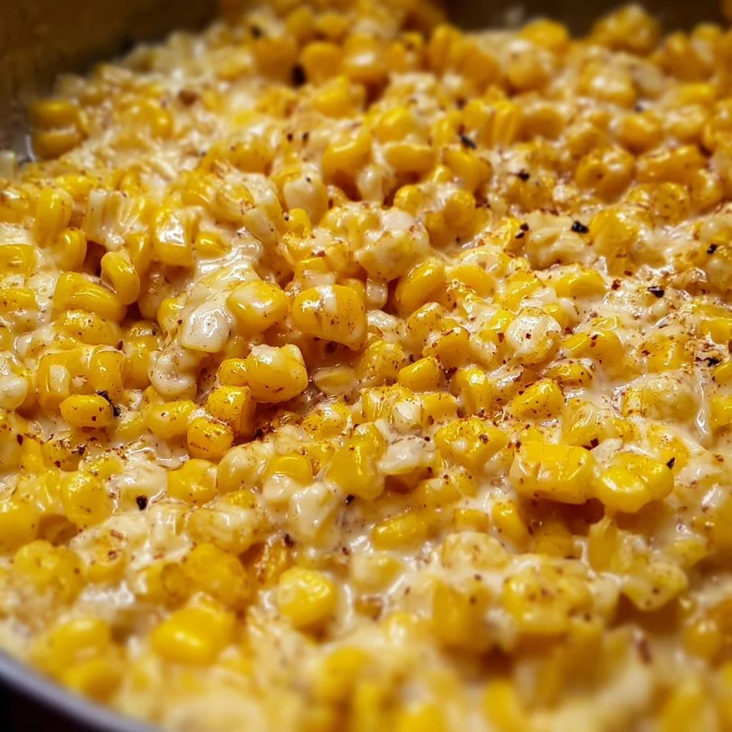 Delicious honey butter skillet corn served in a pan, garnished with herbs.