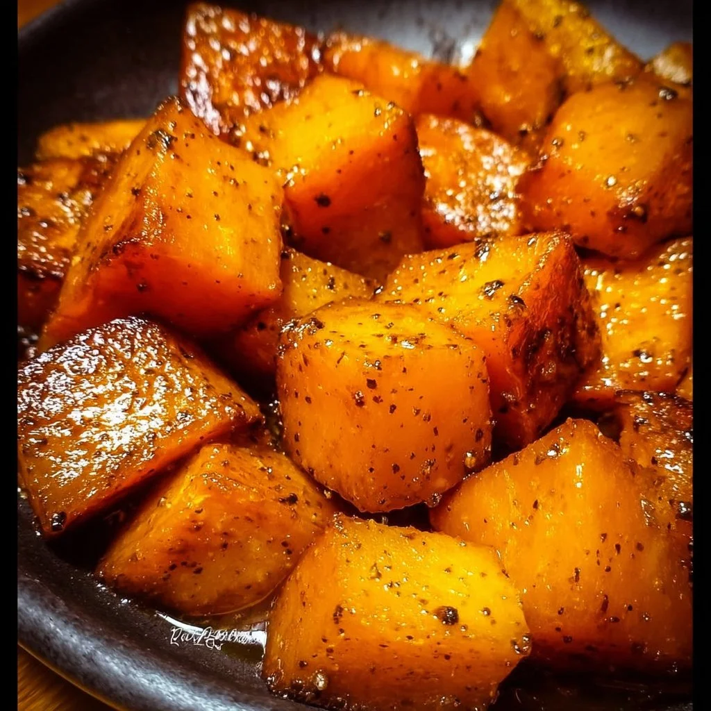Plate of honey roasted butternut squash garnished with herbs